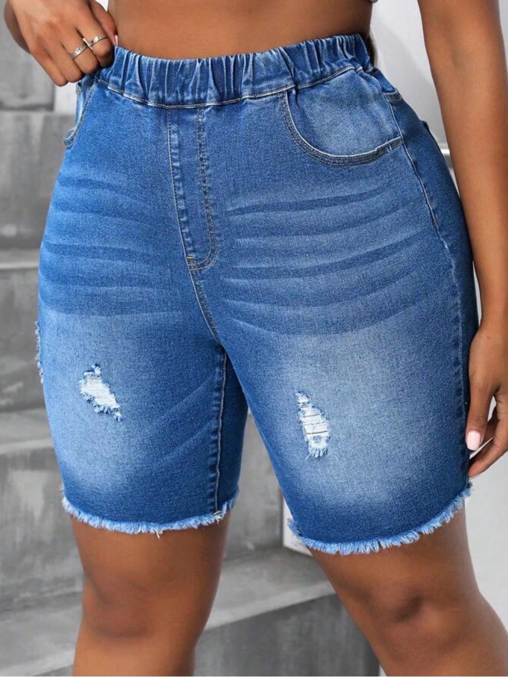 Distressed Denim Bermuda Shorts - Blue with elastic waste